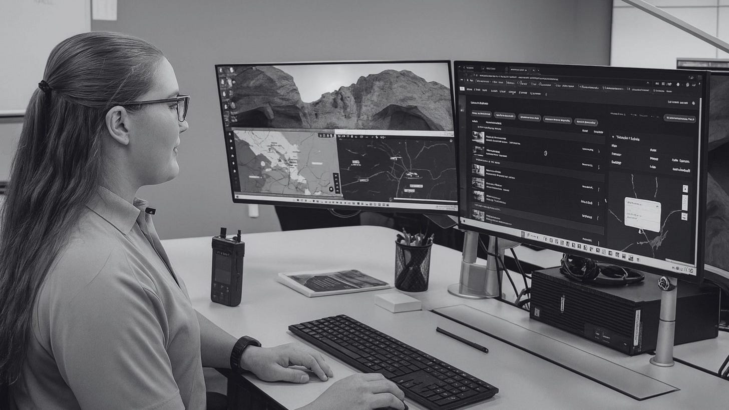Person with glasses and long hair tied back sits at a desk typing on a keyboard while looking at two large monitors showing maps and a dark application, with a radio, tablet, pen cup and headphones on the desk.