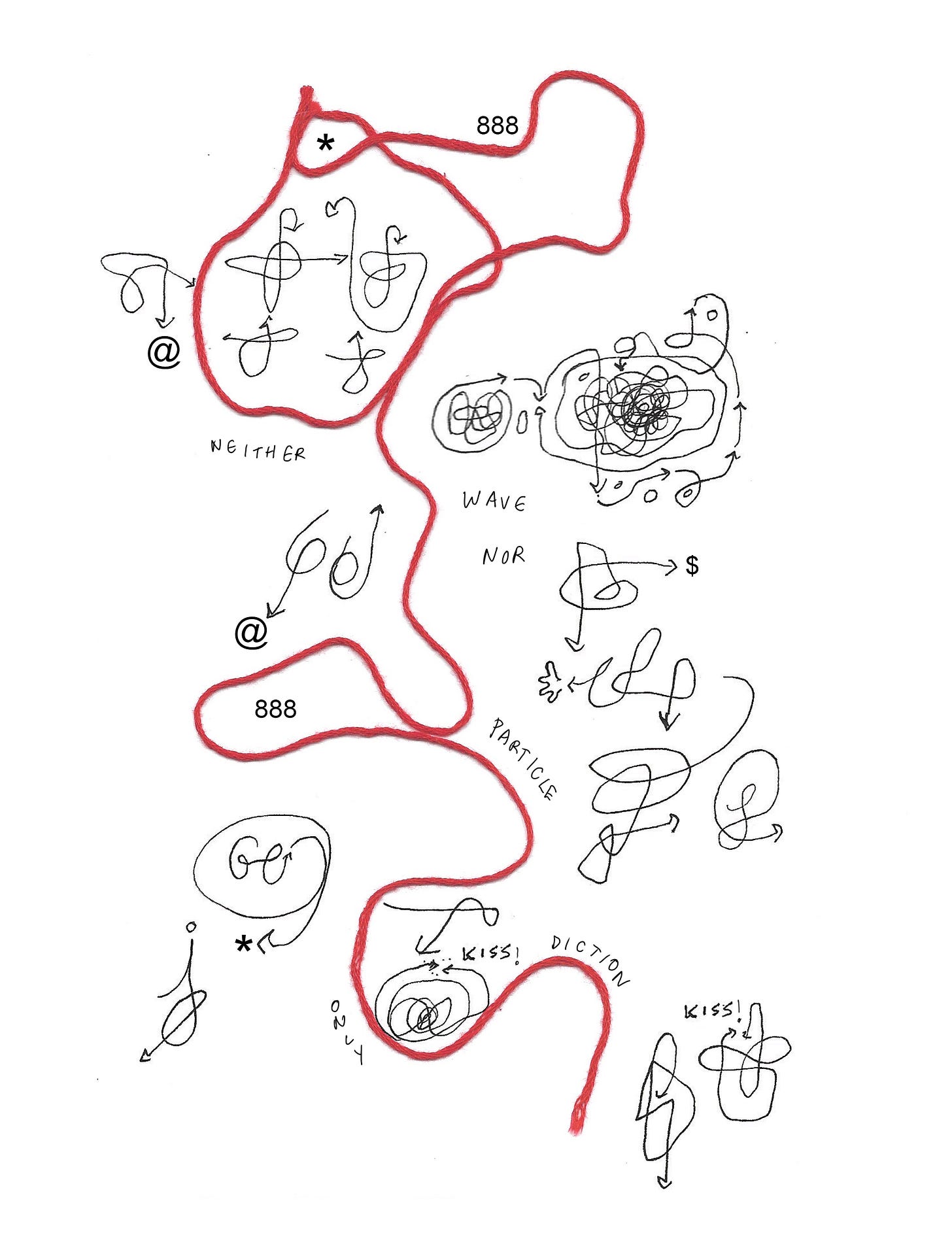 A drawing and handwritten words intersperse along the image of a looping red embroidery thread. Abstract symbols reminiscent of physics and made-up letters are drawn across the page. The handwriting reads: Neither wave, nor particle, only diction. Kiss kiss"