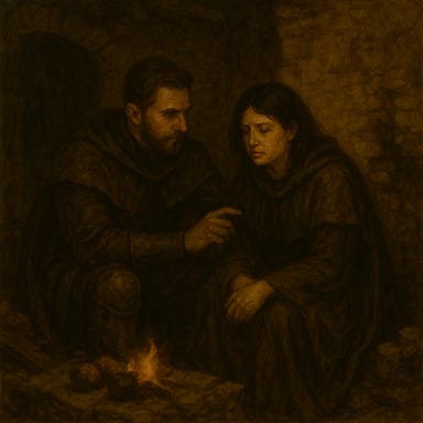 Inside a ruined house in the village of Zmei, Fleetwood (visually reminiscent of Richard Armitage) kneels beside Clarion (visually reminiscent of Gwendoline Christie with black hair), his expression etched with concern. The stone walls are cracked and moss-covered, with broken beams overhead and frost creeping across the floor. Clarion sits on a collapsed bench near the cold hearth, her cloak wrapped tightly around her, face pale and eyes distant. Fleetwood’s hand rests gently on her shoulder, his brow furrowed, sword sheathed at his side. A broken window casts dim dusk light across the room, illuminating dust motes and the remnants of a shattered table. The atmosphere is quiet, intimate, and heavy with unspoken worry.
