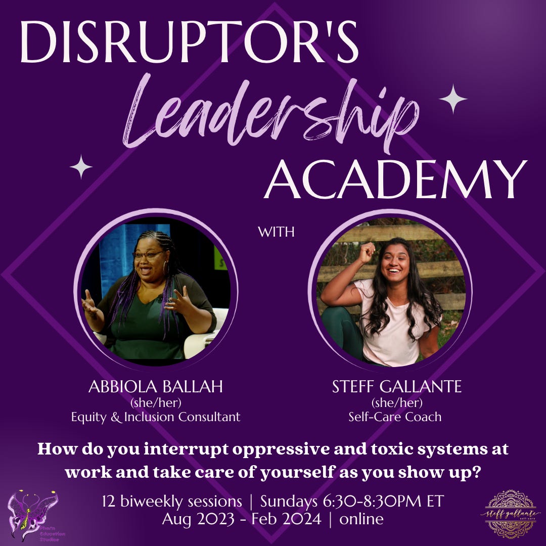 dark purple background, photos of Abbiola and Steff, and program information