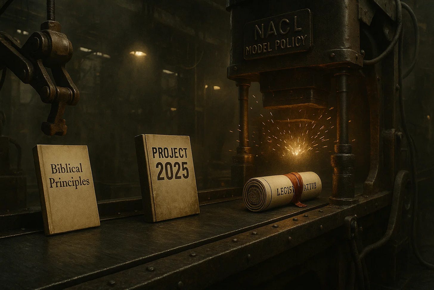 A dark, industrial assembly line in a shadowy factory setting. Two books—one labeled "Biblical Principles" and the other "Project 2025"—sit upright on the conveyor belt, about to enter a large mechanical press labeled "NACL Model Policy." Sparks fly as a rolled-up scroll stamped "Legislature" emerges from the machine, suggesting that laws are being manufactured from religious doctrine and Project 2025’s agenda, rather than created through open, democratic processes. The mood is ominous and mechanical, reinforcing the sense of policy being imposed rather than debated. A dark, industrial assembly line in a shadowy factory setting. Two books—one labeled "Biblical Principles" and the other "Project 2025"—sit upright on the conveyor belt, about to enter a large mechanical press labeled "NACL Model Policy." Sparks fly as a rolled-up scroll stamped "Legislature" emerges from the machine, suggesting that laws are being manufactured from religious doctrine and Project 2025’s agenda, rather than created through open, democratic processes. The mood is ominous and mechanical, reinforcing the sense of policy being imposed rather than debated.