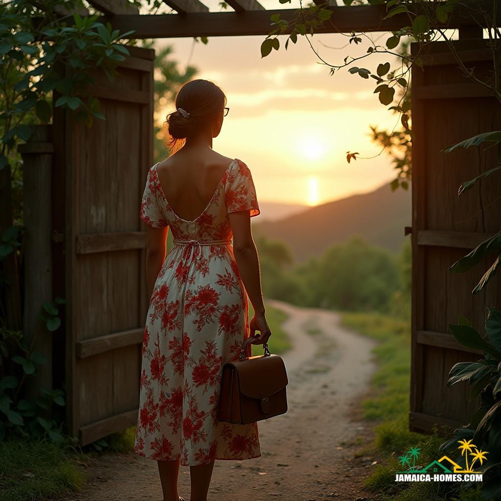 A family matriarch, attired in a elegant floral dress, stands proudly in front of a rustic wooden gate, adorned with lush greenery, while holding a worn leather satchel containing the deposited plan for the family-owned property in Jamaica. She gazes out at the serene landscape, as the warm golden light of the setting sun casts a nostalgic glow, infusing the scene with a sense of history and heritage.