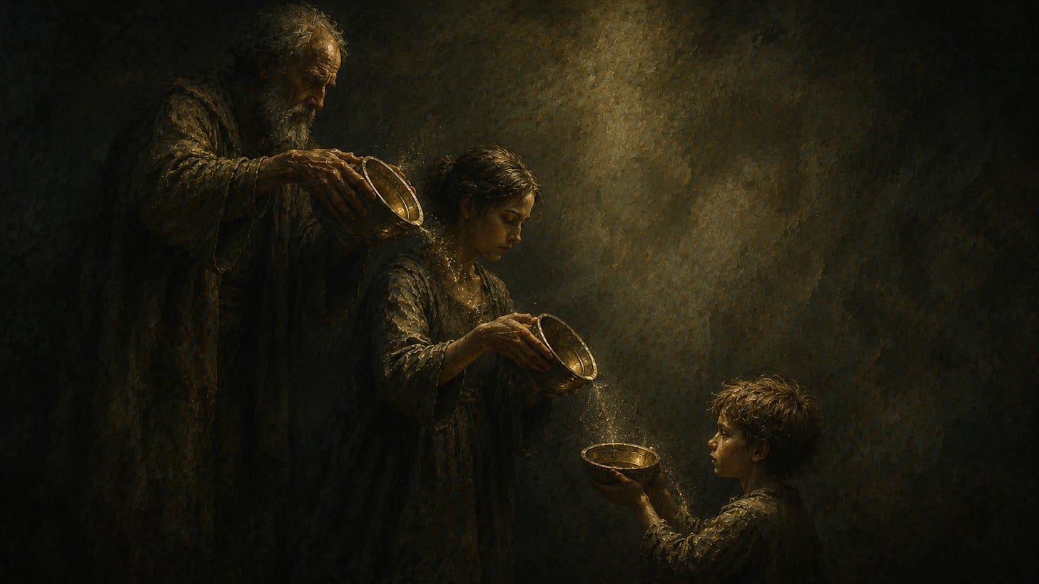 An older man pours from his vessel into a younger woman's, and she into a child's, a line of generations passing knowledge down; but nothing falls between them, only shimmering empty air, and every vessel stays dry, the child holding an empty one up to receive what never arrives. An older man pours from his vessel into a younger woman's, and she into a child's, a line of generations passing knowledge down; but nothing falls between them, only shimmering empty air, and every vessel stays dry, the child holding an empty one up to receive what never arrives.
