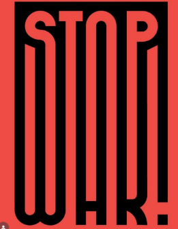 Red and black poster that says "STOP WAR" in letters that are stretched out vertically and blend into each other.