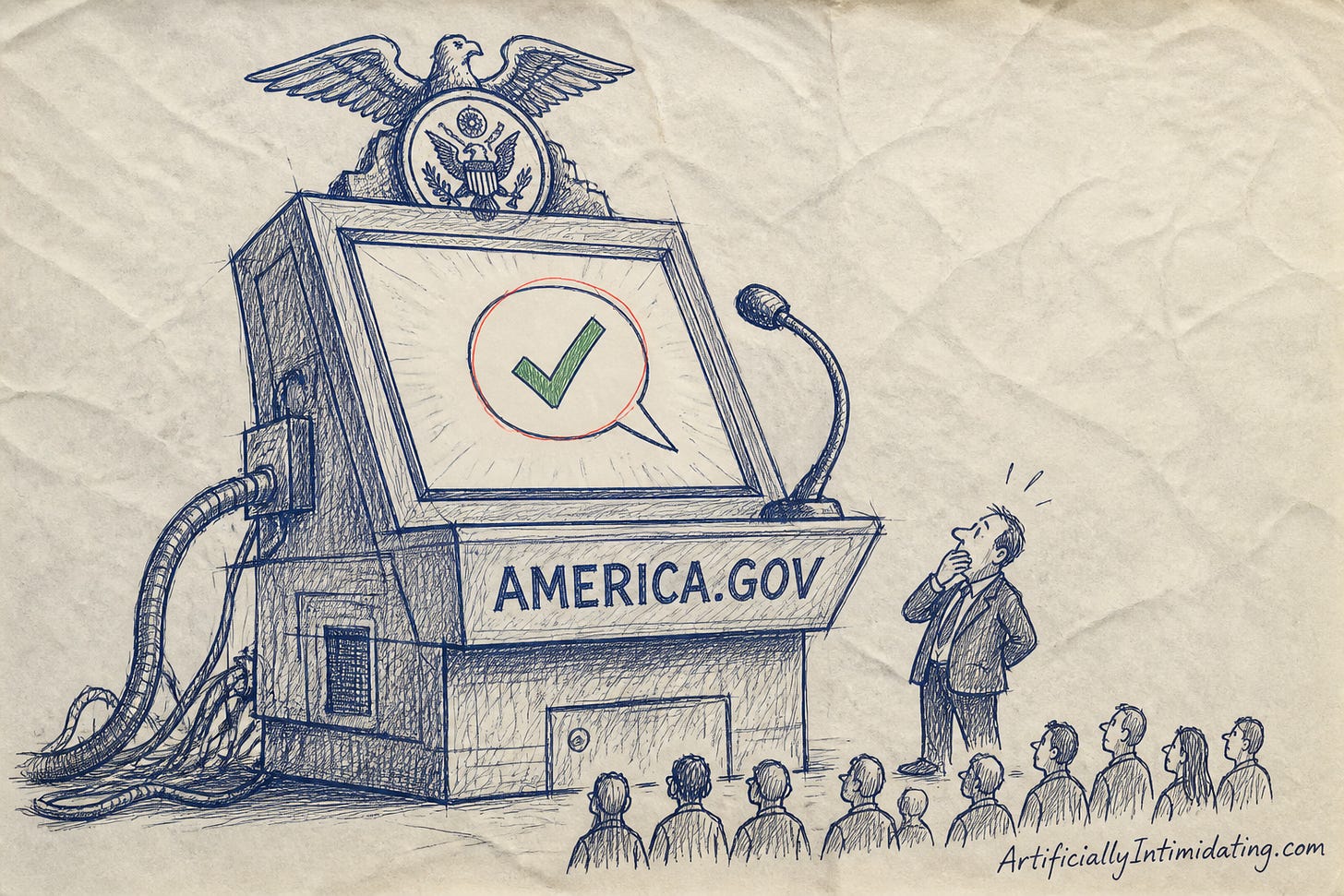 A giant government lectern with a glowing screen showing a green checkmark in a speech bubble, topped by an eagle seal, while a small nervous official covers his mouth beside it and a crowd looks on.