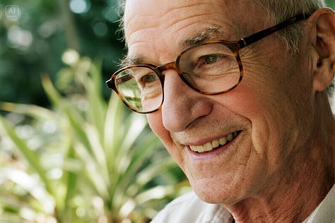 "Portrait of an elderly man with a gentle smile and weathered face wearing glasses. Subtle film grain aesthetic." - by GPT-4o, Imagen 4, and Seedream 3.0