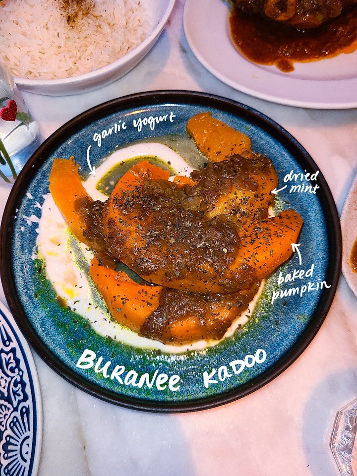Lapis Lamb Shank and Buranee Kadoo