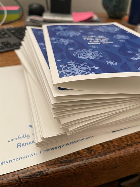 Collection of recent life photos, pile of holiday cards, envelope samples, gallery wall, cuddles with Finn and food popups