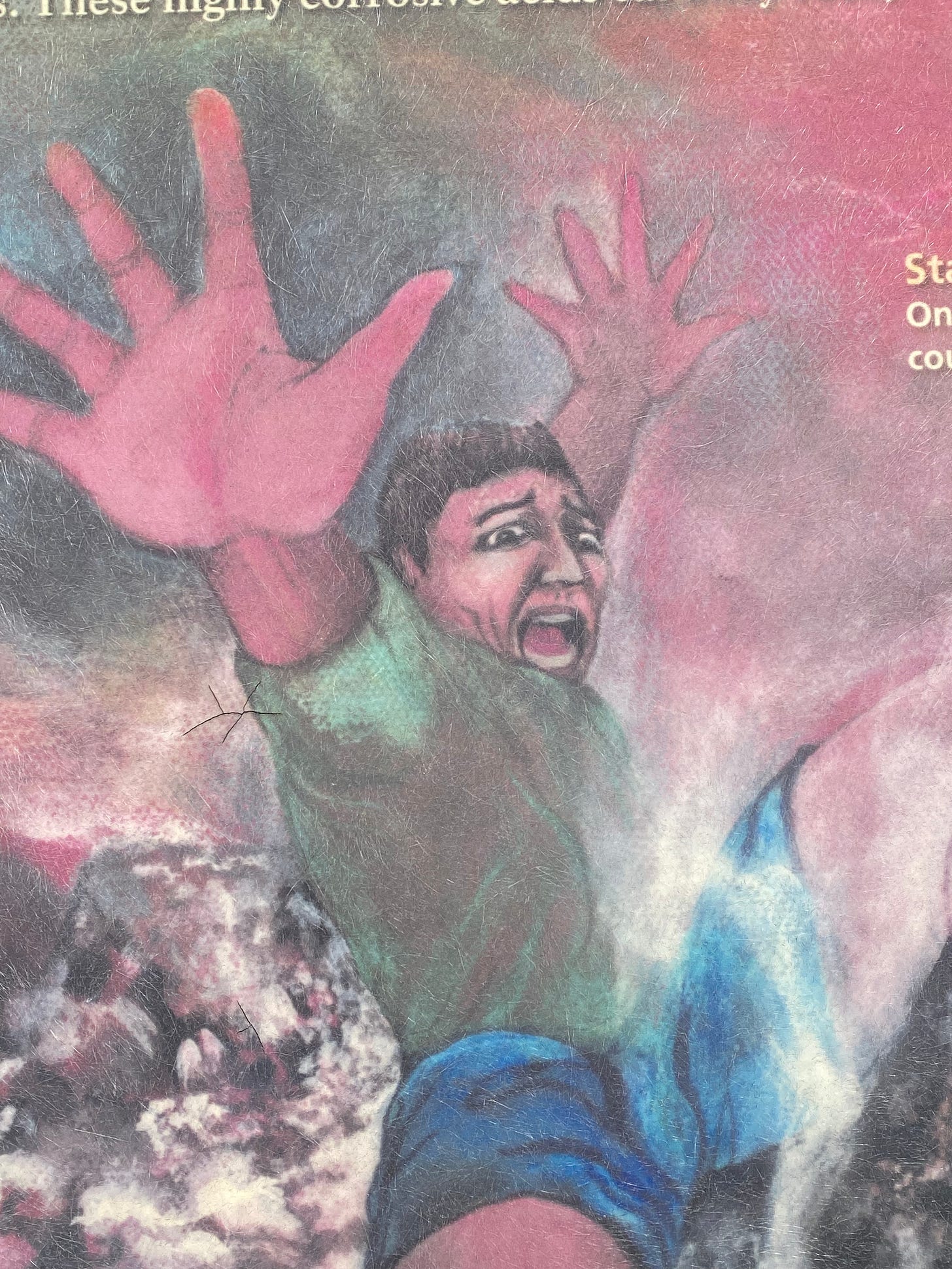 An illustration of a person screaming, seemingly as a volcano erupts around and behind them.