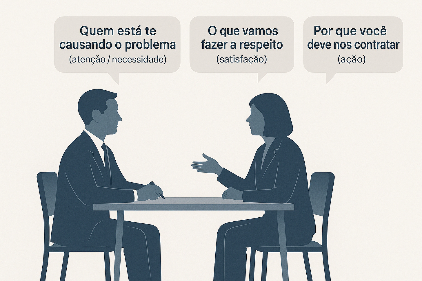 Ilustração minimalista mostrando um advogado e uma cliente sentados frente a frente em uma mesa. Entre eles, quatro balões de fala com as perguntas “Quem está te causando o problema (atenção / necessidade)”, “O que vamos fazer a respeito (satisfação)” e “Por que você deve nos contratar (ação)”, representando o modelo de proposta como um diálogo persuasivo.