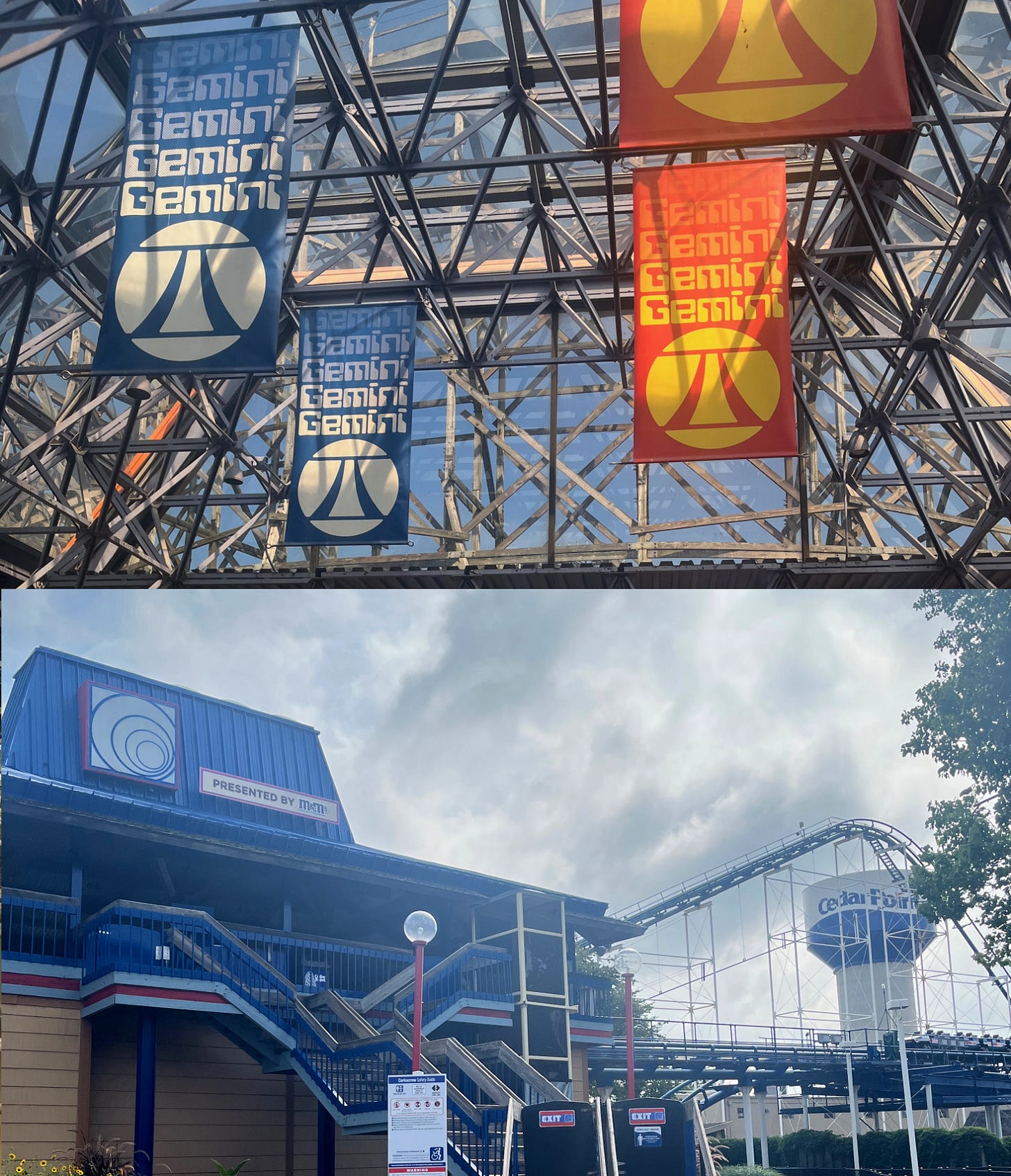 Top image: 1970s-retro red and blue banners say “Gemini” in the rider loading area of the Gemini roller coaster at Cedar Point in Sandusky, Ohio. Bottom image: the Corkscrew roller coaster at Cedar Point.
