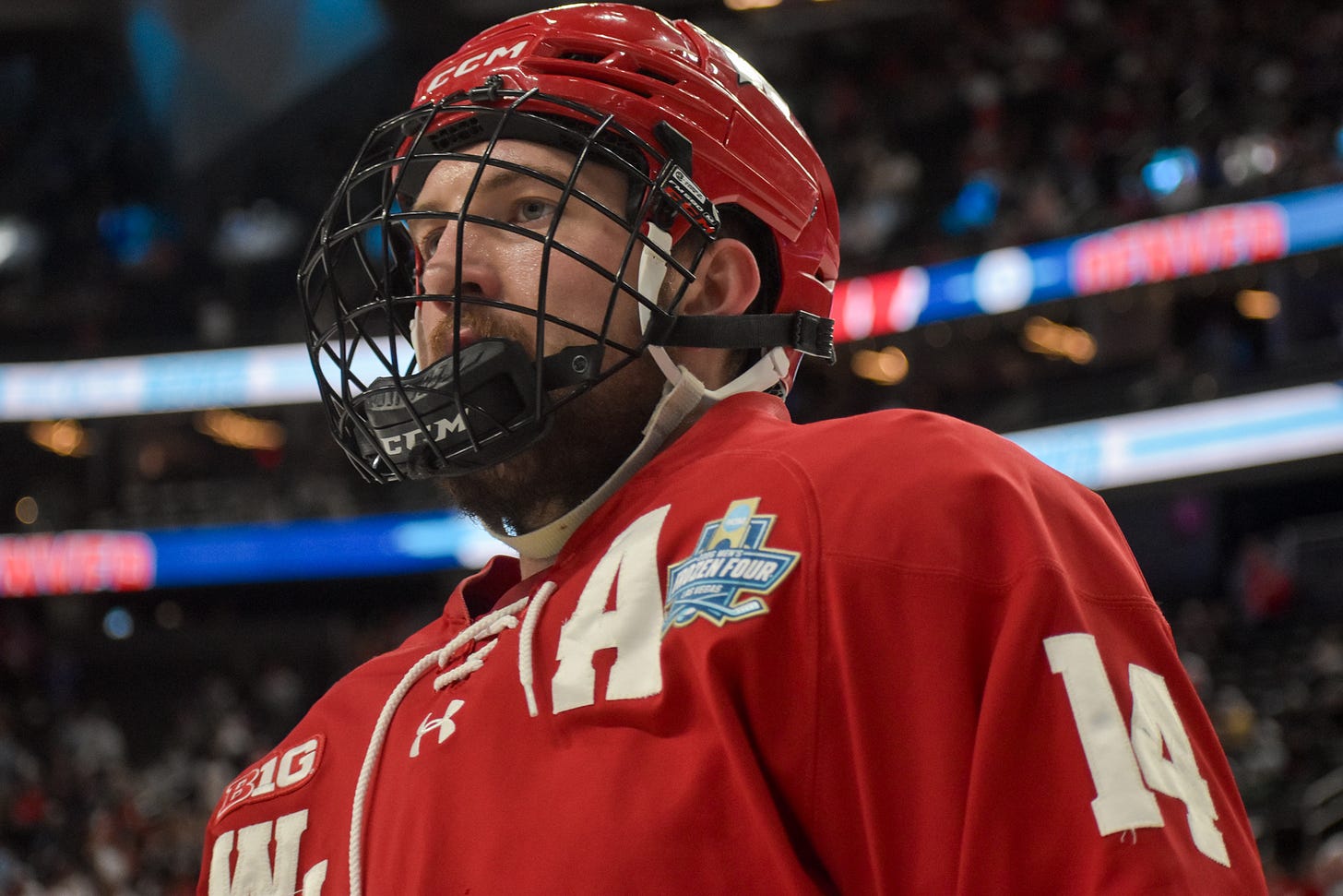 Alternate captain Joe Palodichuk looks off the ice and heads to locker room after warmups at 2026 frozen four.