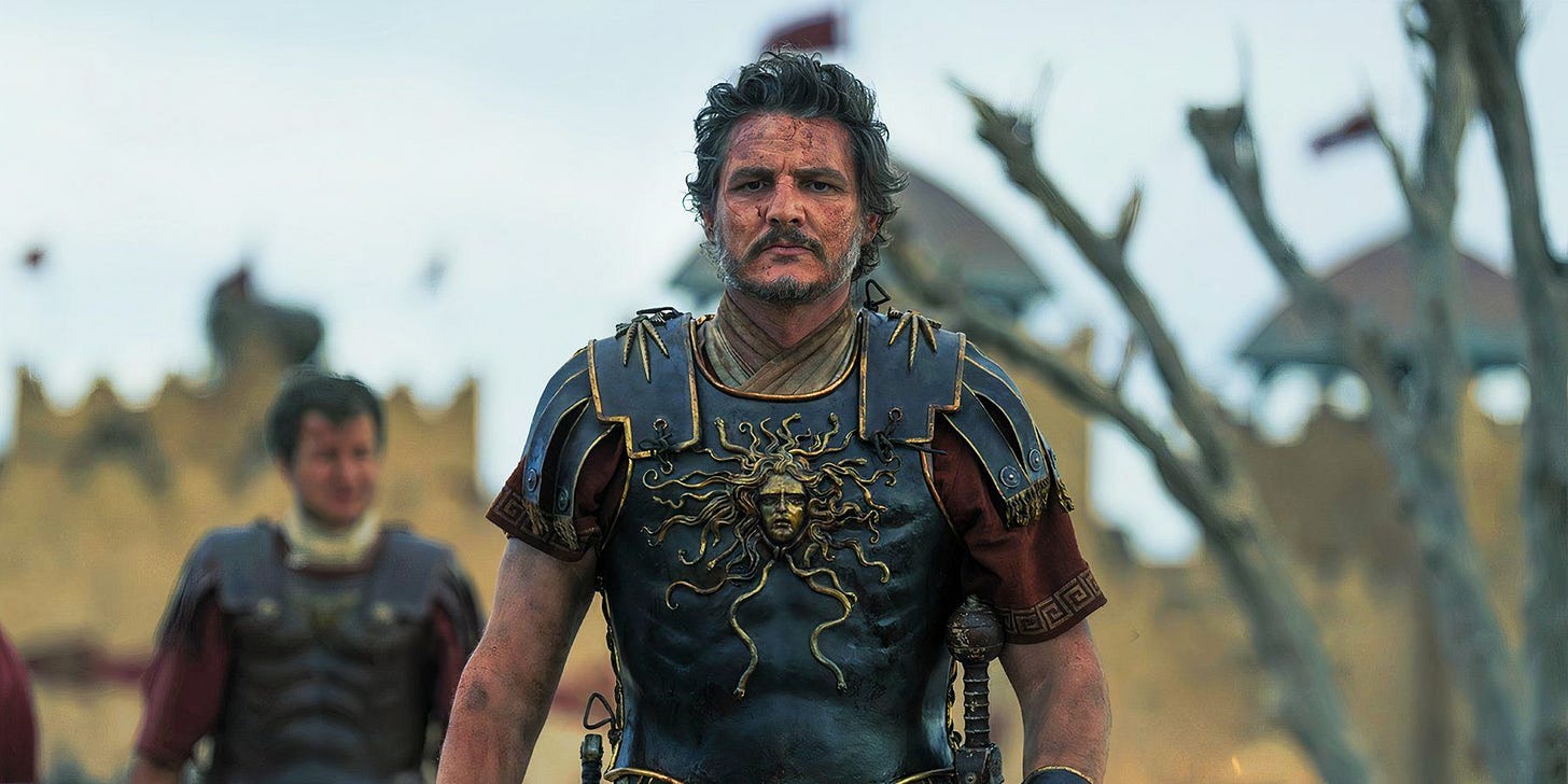 Pedro Pascal looking serious in Gladiator 2.