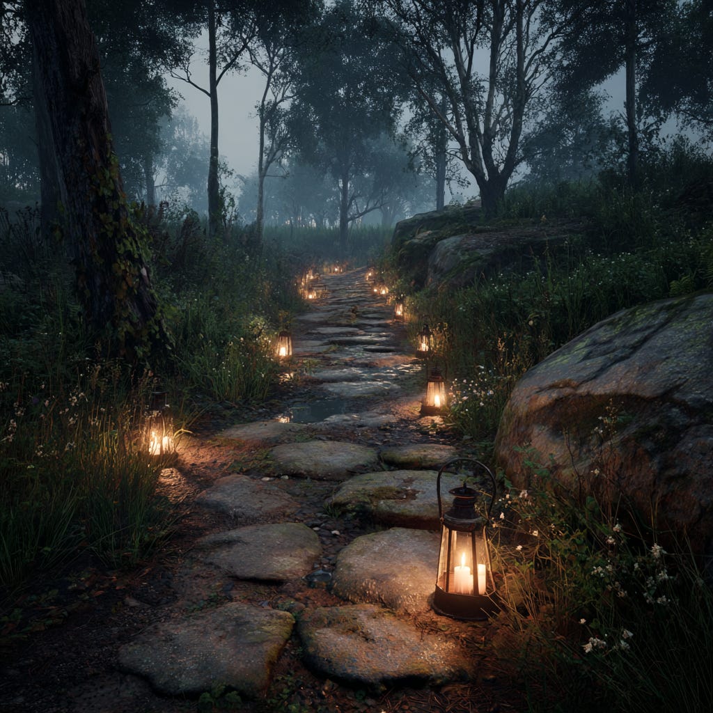 A stone path winding through a forest at dusk, softly lit by glowing lanterns. Symbolizes guidance, connection, and the small lights that lead us forward — one step at a time. A stone path winding through a forest at dusk, softly lit by glowing lanterns. Symbolizes guidance, connection, and the small lights that lead us forward — one step at a time.