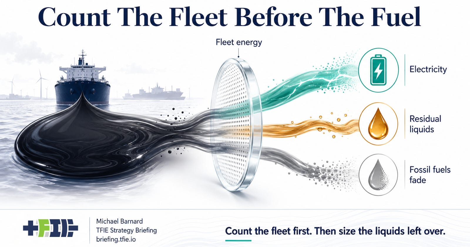 Maritime fuel pool split through a fleet-energy lens into electricity, residual liquids and fossil fuel decline.