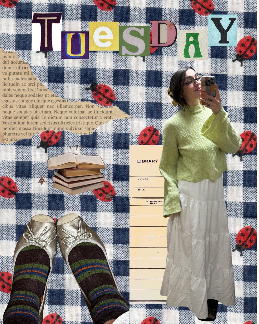 Tuesday: Colorful collage showing shoes and socks, the author dressed in a green sweater and long white skirt, books, and a ladybug quilt.