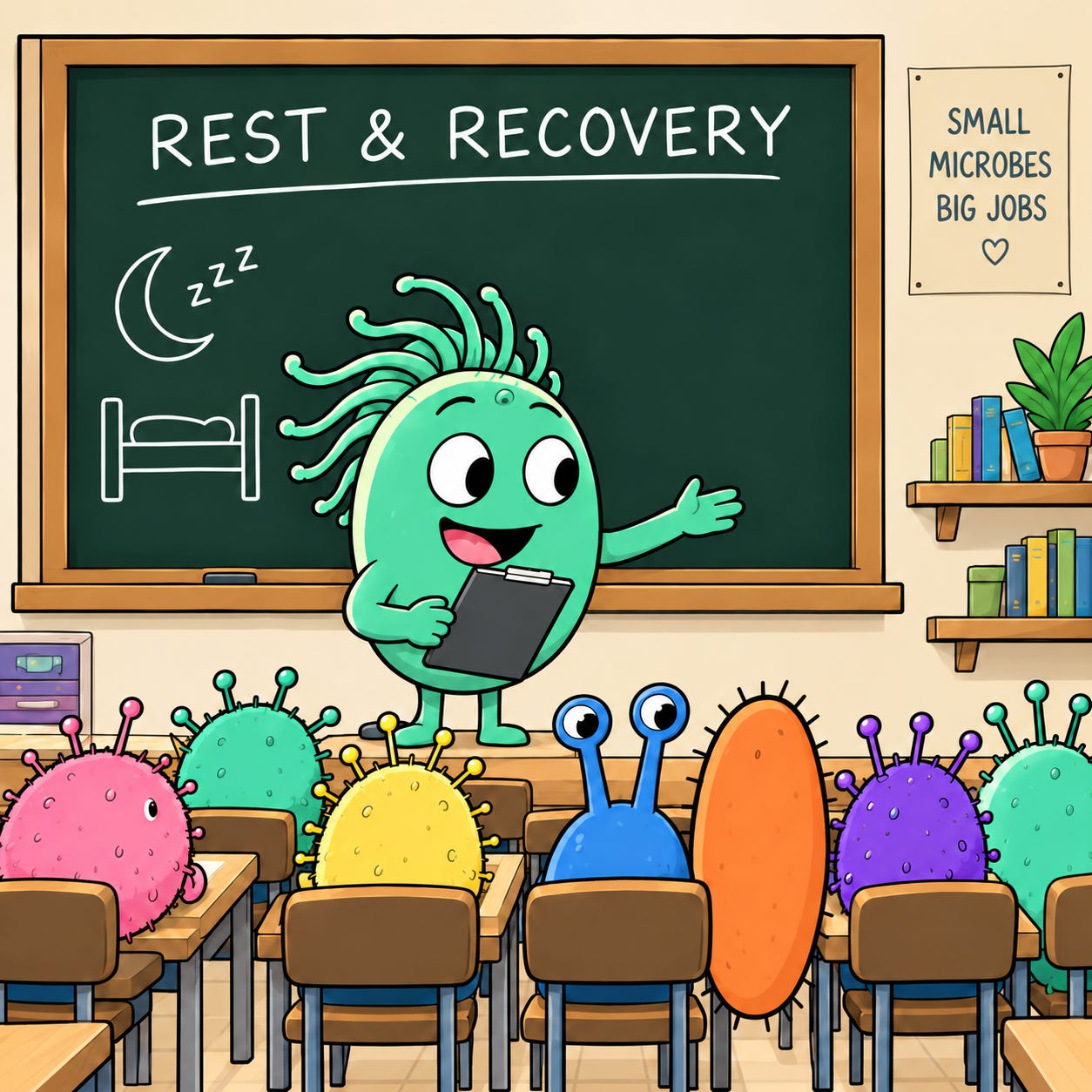 Teaser image: Omie teaches a lesson about rest and recovery at Microbe School as Frank listens.