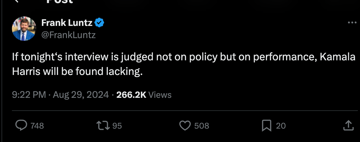 If tonight‘s interview is judged not on policy but on performance, Kamala Harris will be found lacking. If tonight‘s interview is judged not on policy but on performance, Kamala Harris will be found lacking.