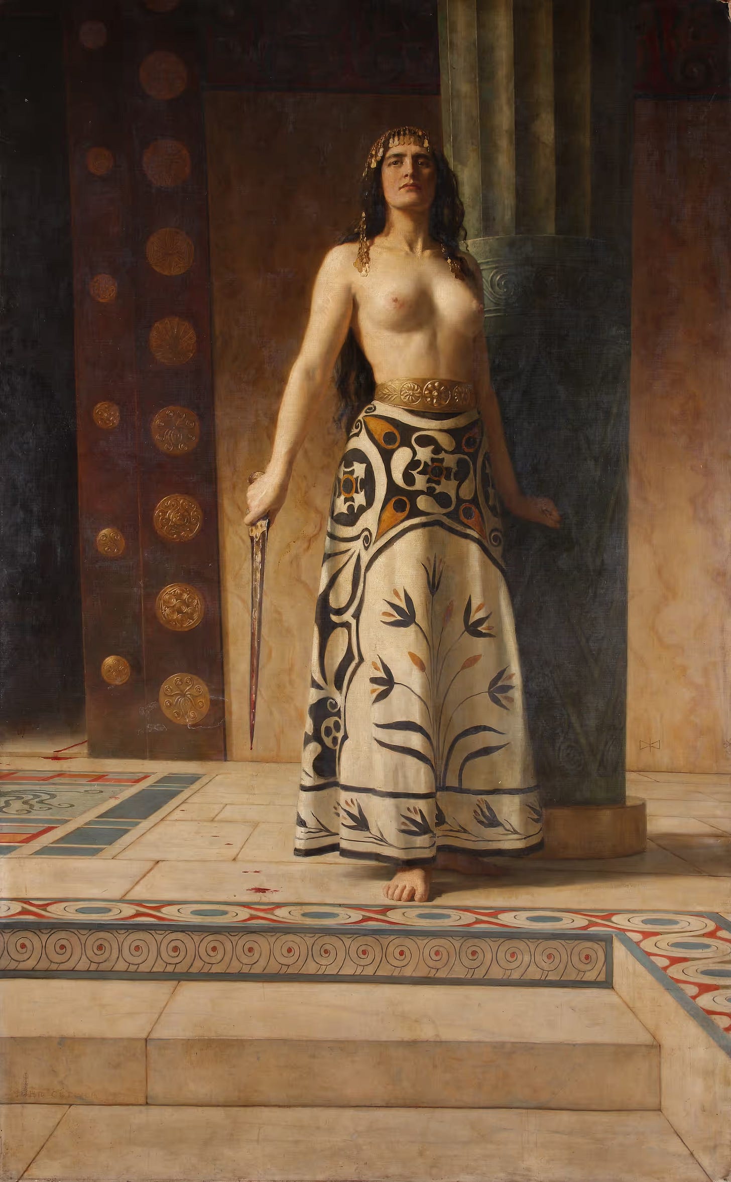 Clytemnestra stands in a doorway holding an axe, her robes and expression composed, moments after the act. Painting by John Collier, circa 1914.