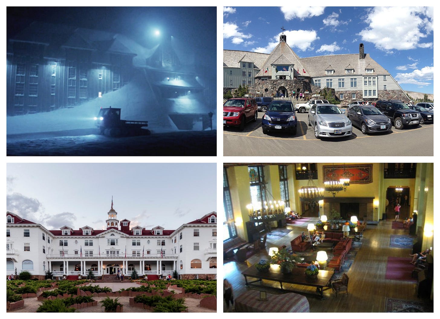 One movie, four hotels: the Overlook Hotel (fictional), the Timberline Hotel (in Oregon), the Stanley Hotel (in Colorado), and the Ahwahnee Hotel (in California). One movie, four hotels: the Overlook Hotel (fictional), the Timberline Hotel (in Oregon), the Stanley Hotel (in Colorado), and the Ahwahnee Hotel (in California).