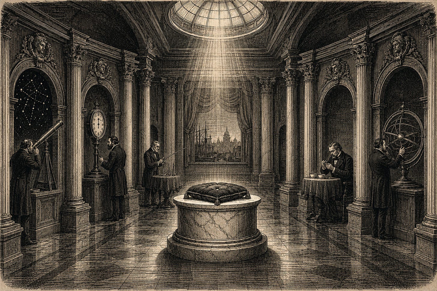 Wood-engraving editorial illustration in the Thomas Nast Harper's Weekly style for Attention Capital's essay The Presold Epic, Section II: A Century of Proxies. In a columned institutional hall, financiers in period dress work instruments of guesswork, a telescope, a barometer, tea leaves, an astrolabe, arranged around an empty central pedestal where the true instrument should stand. The image argues that Hollywood's financing history, from the star system to block booking to tracking surveys, was a series of demand proxies built around a measurement that did not exist. Keywords: film finance history, block booking Paramount decision, NRG tracking surveys, CinemaScore, demand measurement, Hollywood greenlight. Wood-engraving editorial illustration in the Thomas Nast Harper's Weekly style for Attention Capital's essay The Presold Epic, Section II: A Century of Proxies. In a columned institutional hall, financiers in period dress work instruments of guesswork, a telescope, a barometer, tea leaves, an astrolabe, arranged around an empty central pedestal where the true instrument should stand. The image argues that Hollywood's financing history, from the star system to block booking to tracking surveys, was a series of demand proxies built around a measurement that did not exist. Keywords: film finance history, block booking Paramount decision, NRG tracking surveys, CinemaScore, demand measurement, Hollywood greenlight.
