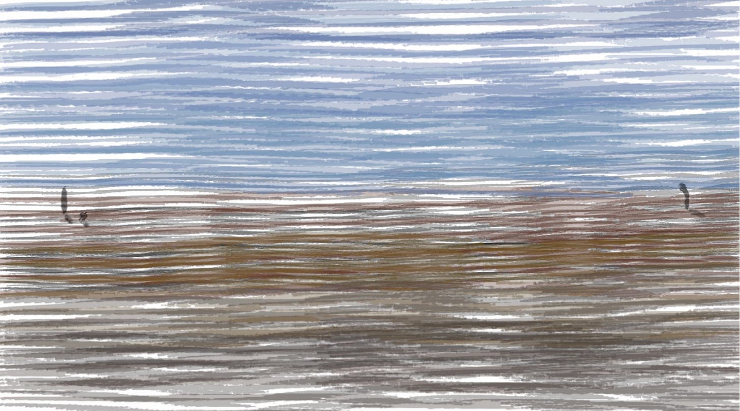 An abstract image, depicting a lone shadow, slightly bent over, watching another similar sized shadow, and a smaller shadow, disappear into the distance.