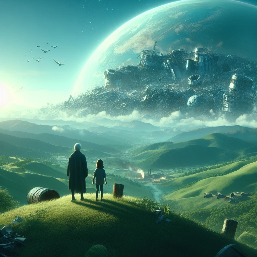 Technology-Free Utopia of the Future and a Grumpy Old Man. an old man an a girl watch utopia and technology past