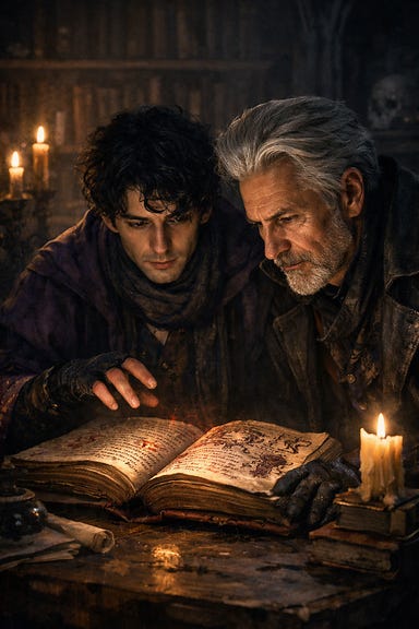 Felonious and Van Richten poring over the Tome of Strahd in a candlelit Barovian study, using Felonious’s ink-dark curls, storm-gray eyes, midnight-violet scholar’s palette, and Van Richten’s angular austerity, steel-gray eyes, ash-white swept-back hair, and charcoal-and-silver hunter’s palette. Both figures bent over the ancient tome, pages glowing faintly with arcane dread, shadows deep and gothic…