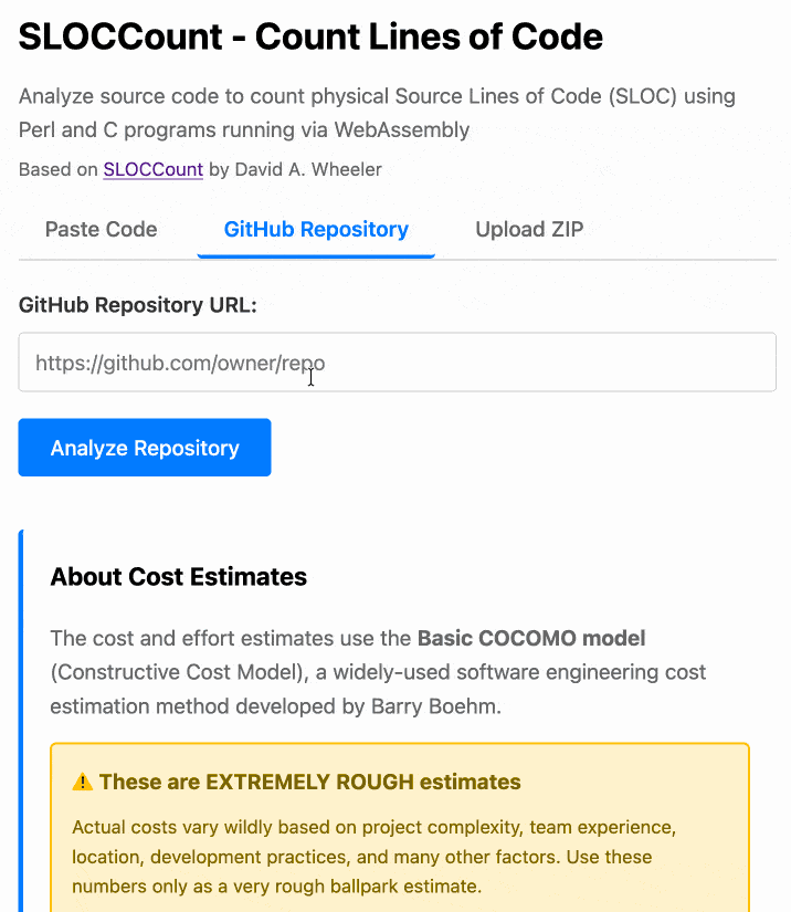 I enter simonw/llm in the GitHub repository field. It loads 41 files from GitHub and displays a report showing the number of lines and estimated cost. I enter simonw/llm in the GitHub repository field. It loads 41 files from GitHub and displays a report showing the number of lines and estimated cost.