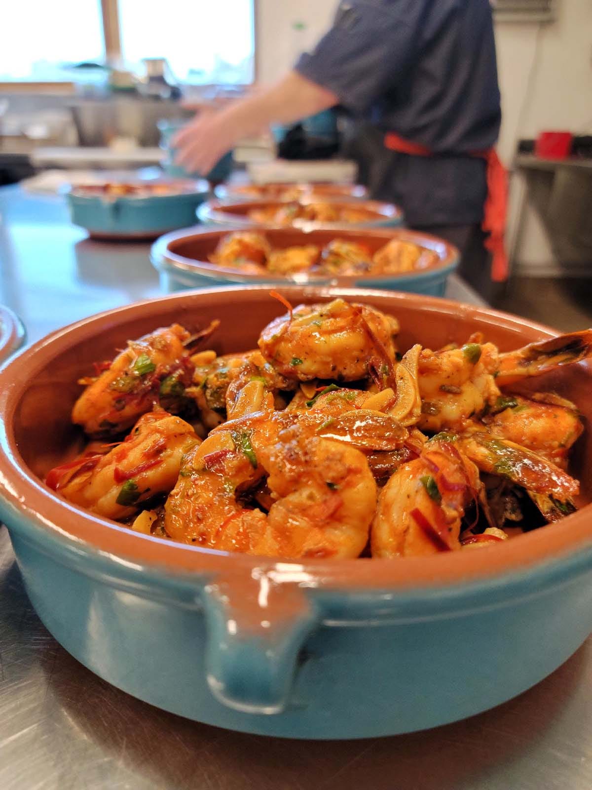 Gambas al ajillo in cazuelas, ready to serve.