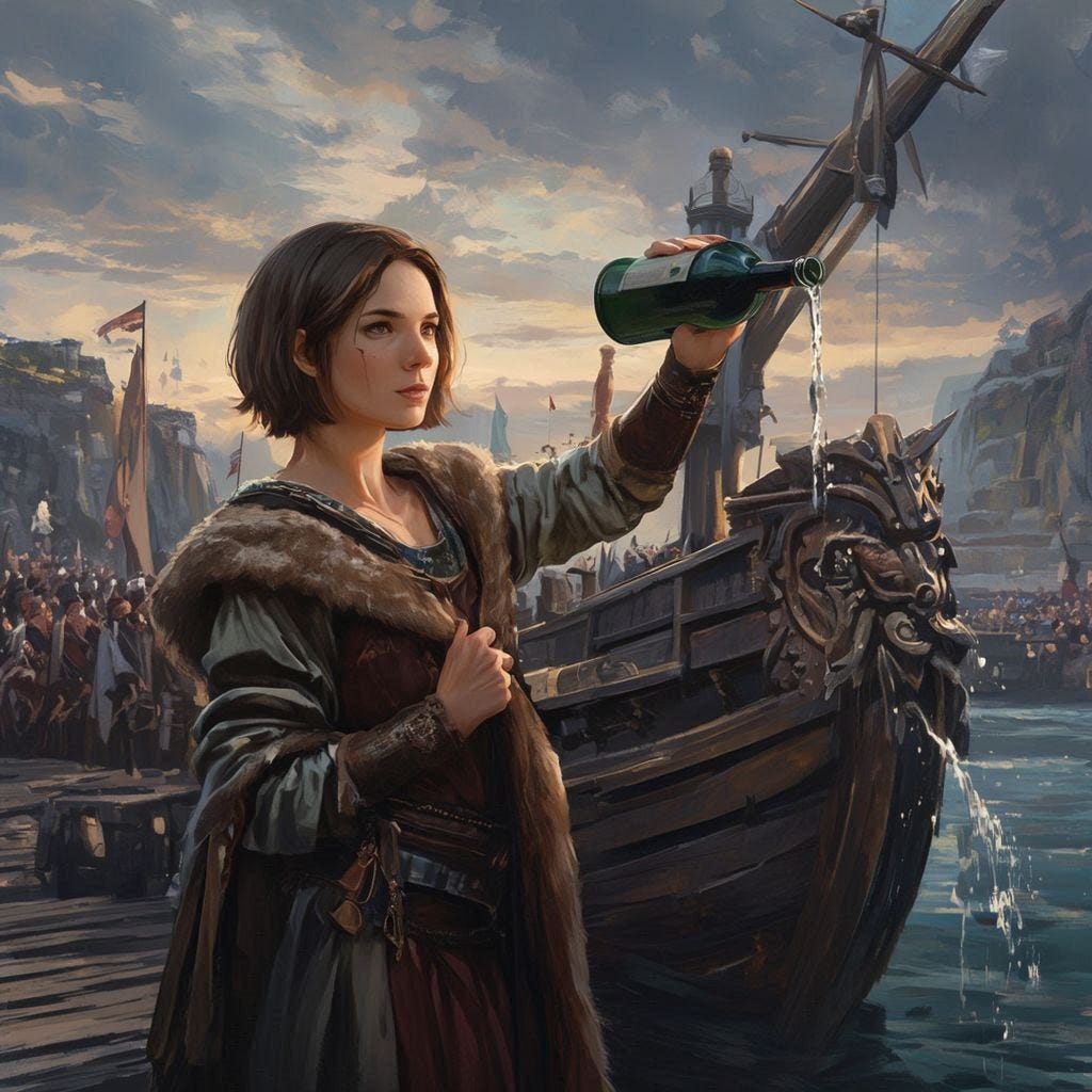 30-year old nordic aristocratic woman, medieval, short brown hair, christening ship at port with wine bottle, fantasy art 30-year old nordic aristocratic woman, medieval, short brown hair, christening ship at port with wine bottle, fantasy art