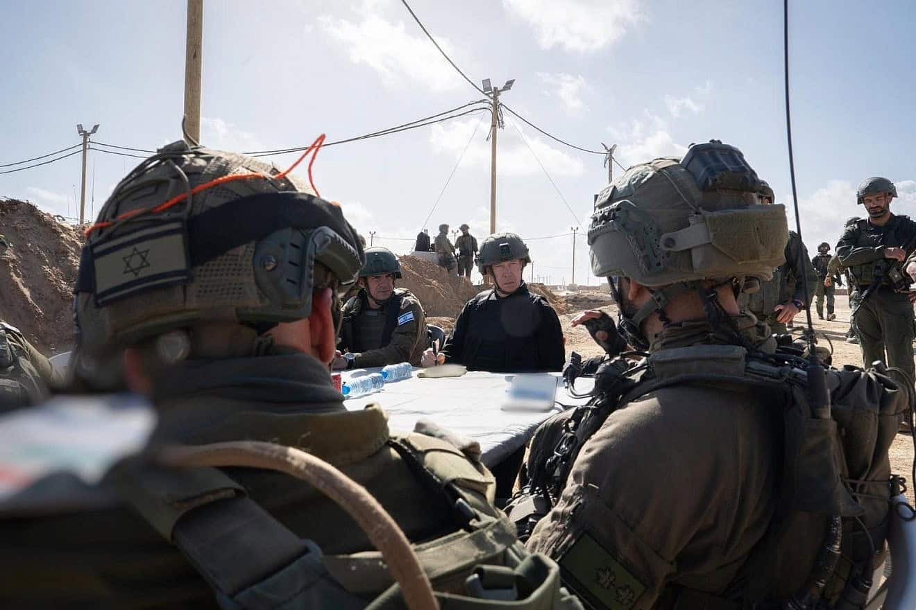 Israeli Defense Minister Yoav Gallant meets with IDF troops in the central Gaza Strip, May 5, 2024. Photo by Shachar Yurman/Defense Ministry. Israeli Defense Minister Yoav Gallant meets with IDF troops in the central Gaza Strip, May 5, 2024. Photo by Shachar Yurman/Defense Ministry.