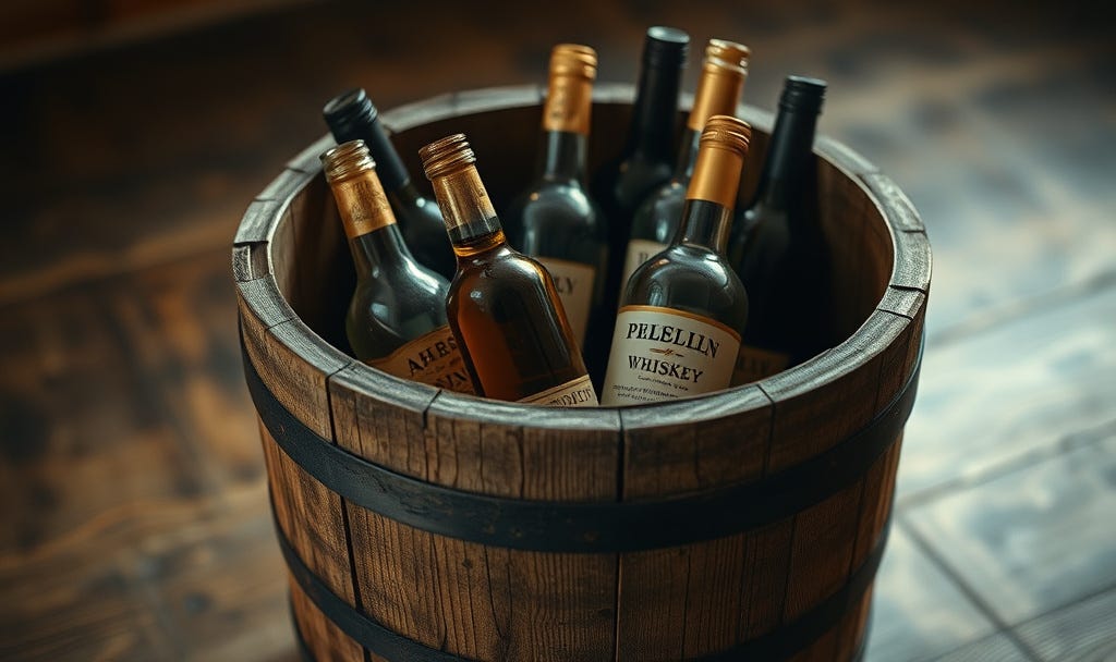 Rustic wooden trash can filled with empty whiskey bottles, vintage cinematic lighting and warm wood tones, representing the decision to quit alcohol and start fresh