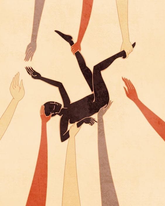 This may contain: a group of people reaching out to touch each other with their hands in the air This may contain: a group of people reaching out to touch each other with their hands in the air