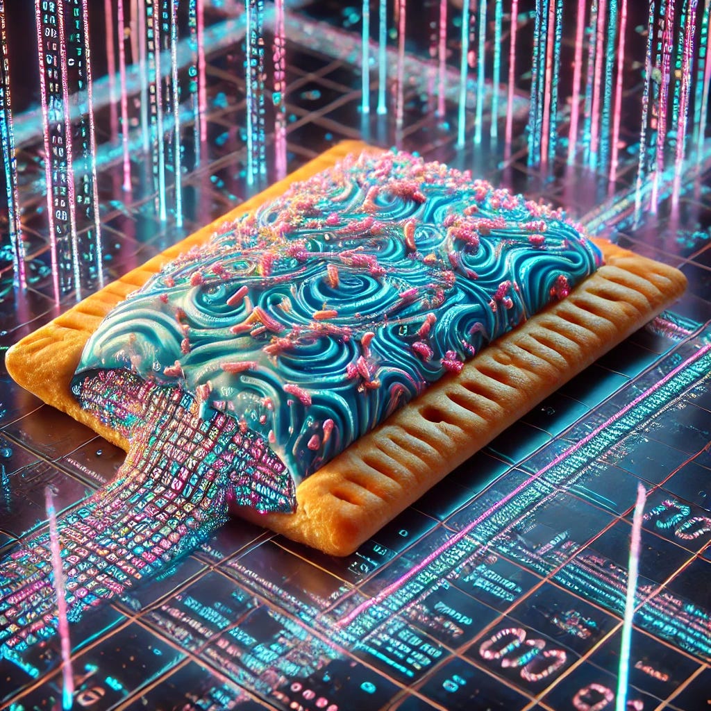 A hyper-realistic depiction of a pop-tart entirely made of digital code. The entire pastry structure, including the crust, filling, and frosting, is composed of glowing, three-dimensional strings of binary code (1s and 0s). The frosting features intricate patterns of holographic coding symbols and neon hues, while the filling is animated with a glitching, pixelated texture. The scene is futuristic and set on a virtual, grid-like table with a cyberpunk aesthetic, surrounded by streams of floating digital data and glowing circuitry.