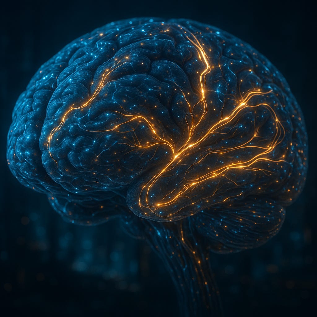 Attention mechanism as glowing neural pathways
