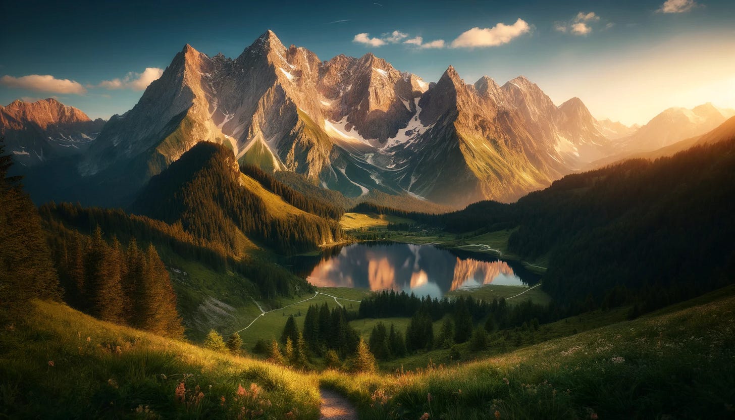 A breathtaking view of a mountain range during sunrise, with peaks bathed in golden light. The mountains are rugged and majestic, with snow-capped summits and lush green valleys below. A clear blue sky with a few scattered clouds enhances the serene beauty. In the foreground, there's a calm lake reflecting the mountains and sky, and a trail winding through a meadow of wildflowers leading towards the mountains.