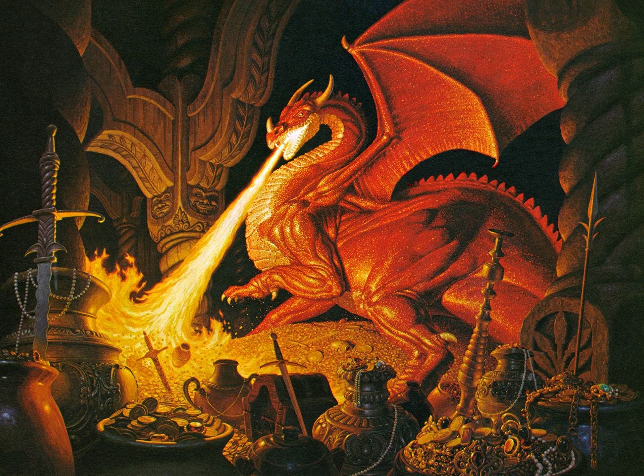 An imperious red dragon emits a beacon of flame into the glittering golden treasure hoard around him. Smaug is on the look out for intruders.