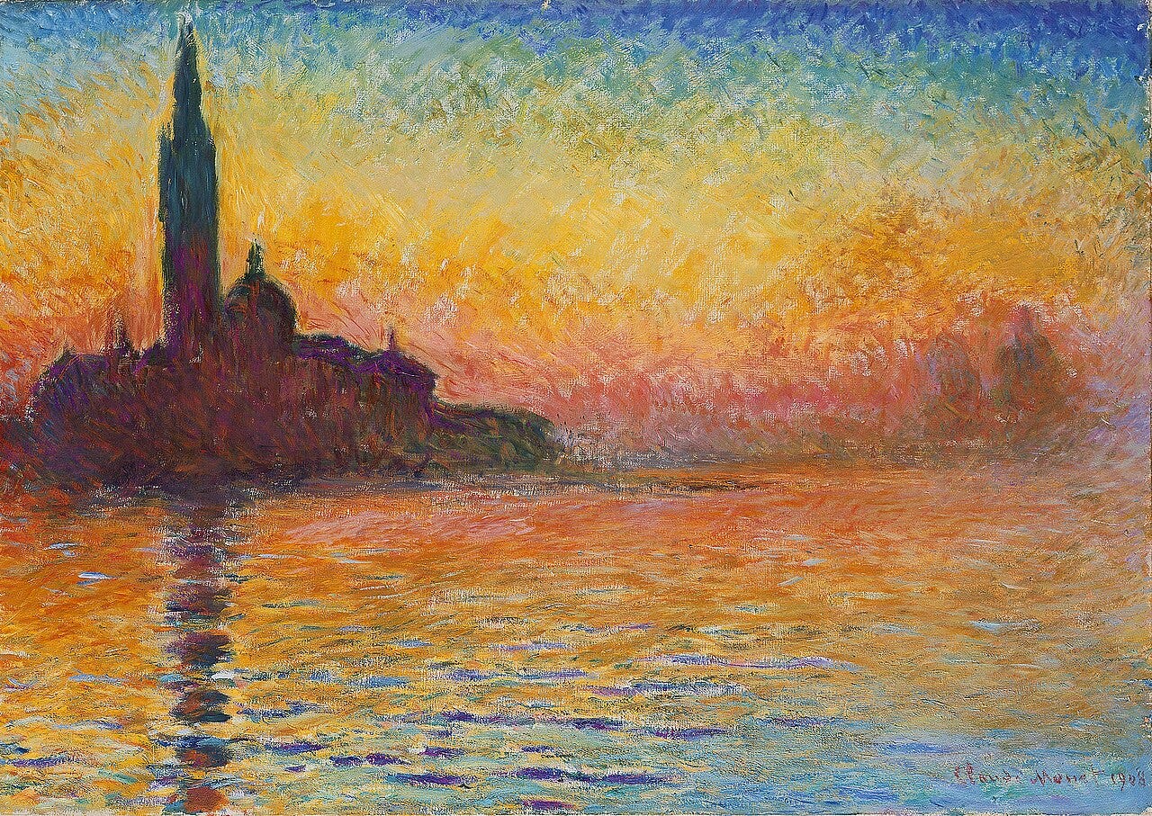 The island church burning orange against a violet sky The island church burning orange against a violet sky