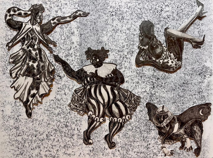 The images depict 7 stages of process for the 2025 Black Zine Fair poster. 1. Scattered images in an oval ready to be collaged. They are black and white photos of Black people of different genreations engaged in all sorts of art and play. 2. The start of a portrait of America's first drag queen Black Swann. We see the pencil outline our her dress and bonnet, along with cut out designs of two black swans around her. 3. Four sketches of four different Black clowns of different body types and gender identities. 4. A close up of one of the Black clowns who is crouched in a feral dancer pose in an active posture ready to pounce, their woobly arms are crossed. The wear a head scarf with jewels, a haltar, puffy shorts, and designs with a tear motify. 5. The collaged images are set in the egg-like oval in rings. Collage, cut out stars from black-painted paper, and collage as the inner egg. Theres a white rectangle that the portrait of Black Swann, now with her collaged face sits. 6. The graphite drawn and carved images of the four clowns as seperate cut out images laying on a textured piece of paper together. 7. The inner egg is now complete with the rectangle behind the Black Swann's eye-shaped image with all of her cut out butterflies and stars. This piece is seen as its own paper object with my hand next to it for scale.