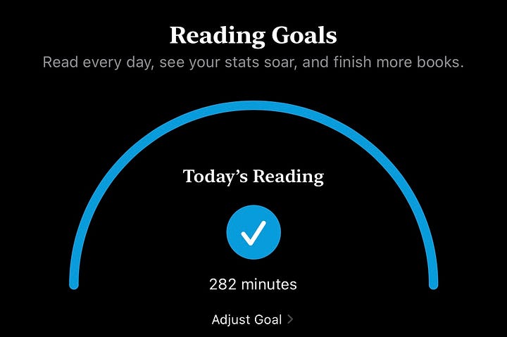 screenshots of the Apple Books app showing the amount of reading I've done each day