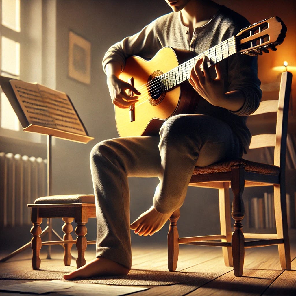 A realistic digital painting of a person playing classical guitar. The musician is seated on a wooden chair in a softly lit room, fingers delicately plucking the nylon strings of a well-worn acoustic guitar. Their posture is focused, with one foot resting on a small footstool, supporting the guitar in a traditional classical style. The background features warm lighting, a few scattered sheet music pages, and a bookshelf filled with music theory books. The ambiance is calm and intellectual, evoking a sense of deep concentration and artistry.