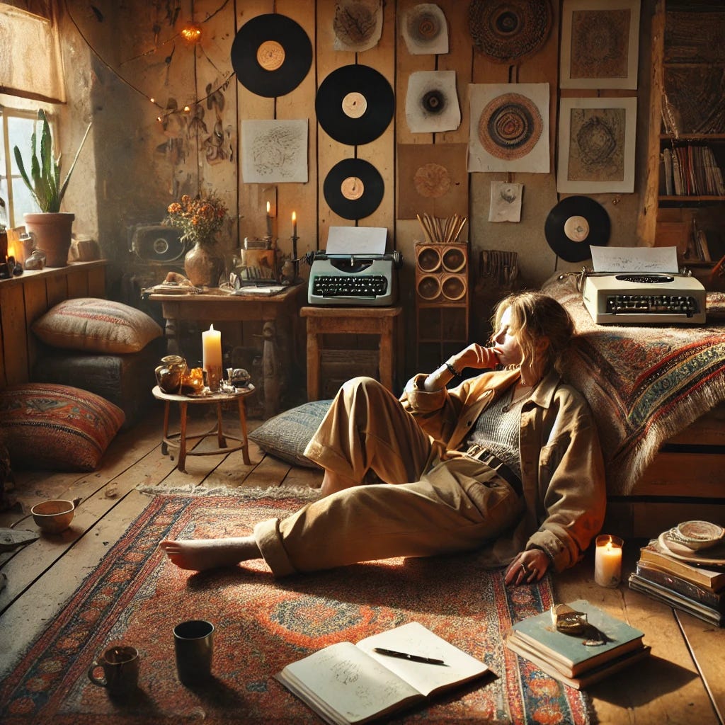 A 'vibe worker'—a creative professional deeply immersed in their thoughts, radiating effortless inspiration and intuition. The figure lounges in a cozy, sunlit studio filled with warm, inviting textures—soft rugs, wooden furniture, and an eclectic mix of books, candles, and vinyl records. They wear relaxed, artsy clothing, sipping coffee or tea while lost in contemplation. The atmosphere is dreamy yet grounded, with a subtle aura of creativity—handwritten notes scattered around, a journal with scribbled ideas, and an old-school typewriter or sketchpad. The scene feels soulful, effortlessly cool, and full of quiet genius, capturing the essence of vibe working.