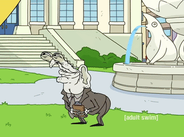 a cartoon of a man in a suit standing in front of a fountain that says [ adult swim ]