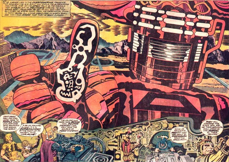 Splash-page duplo das páginas 2 e 3 de The Eternals n. 3 [Jack Kirby, John Verpooten e Glynis Wein, 1976]