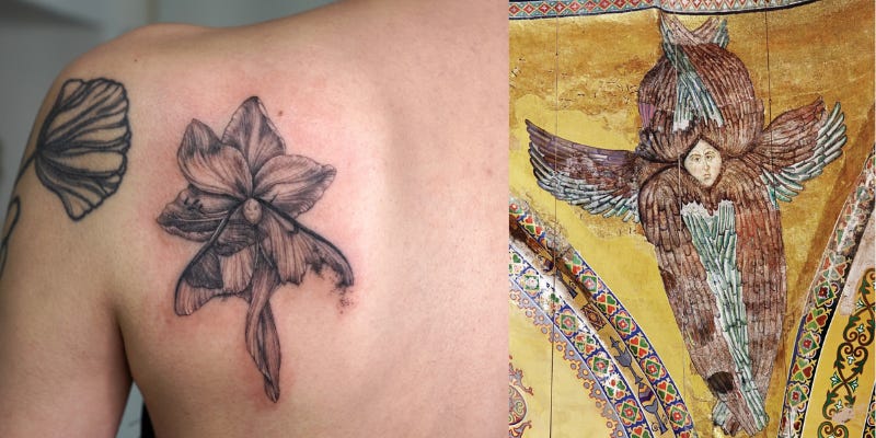 left: left scapula tattooed with an amaryllis flower turning into a moth; right: a seraphim pained on the Hagia Sofia