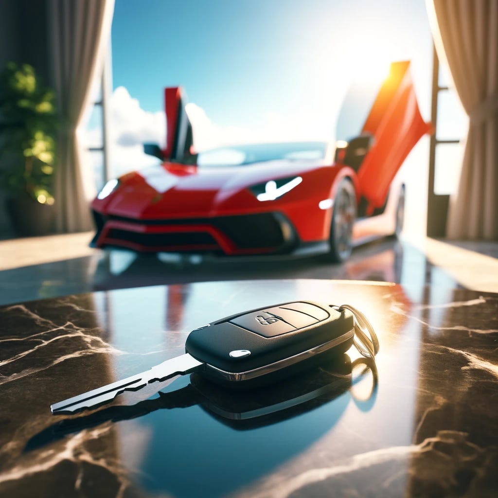 A high-resolution photograph of a pair of car keys sitting on a marble table. Behind the table, doors are open, revealing a blurry red Lamborghini sports car with a sunny bright blue sky in the background. The image has vivid colors and cinematic lighting, captured in 4K quality.