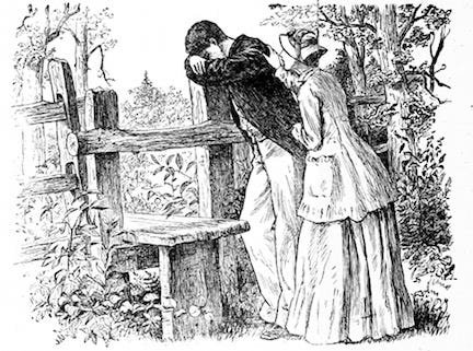 Etching of a dejected Laurie leaning against a post while Jo tries to console him.