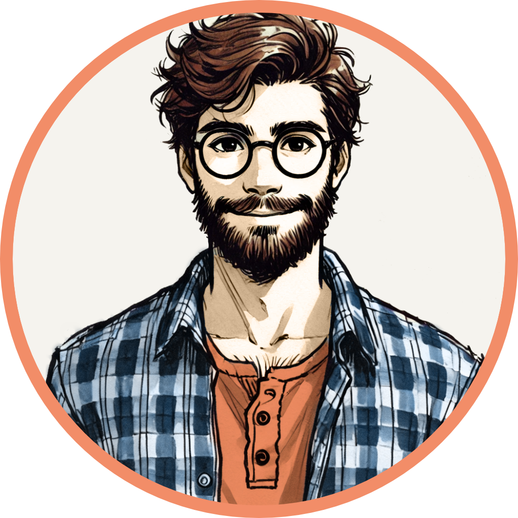 A digital illustration of a bearded man with light skin, wearing glasses with a black frame, a plaid flannel shirt, and a navy blue undershirt. He has tousled brown hair and a friendly, slightly smirking expression. The portrait is encircled by an orange and white border. A digital illustration of a bearded man with light skin, wearing glasses with a black frame, a plaid flannel shirt, and a navy blue undershirt. He has tousled brown hair and a friendly, slightly smirking expression. The portrait is encircled by an orange and white border.