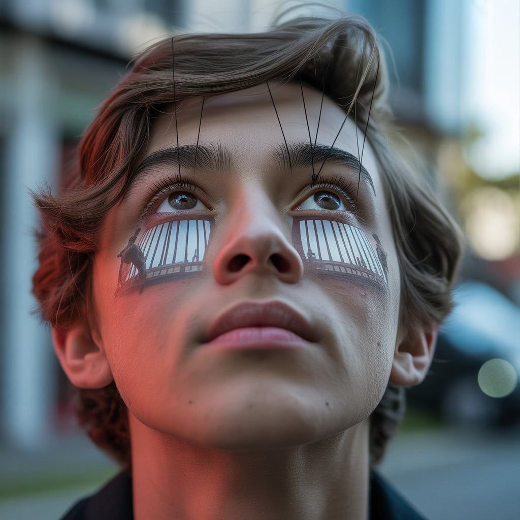 Thoughtful young man looking upwards with abstract imagery on his face indicating his awareness he is being used as a puppet. Strings link to abstract people in front of him.